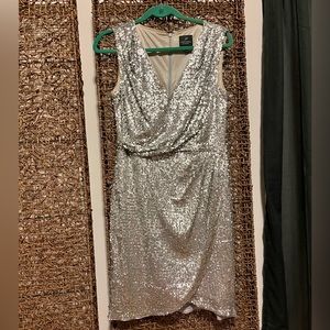 Silver Sequined Adrianna Papell Faux Wrap Dress Size 10